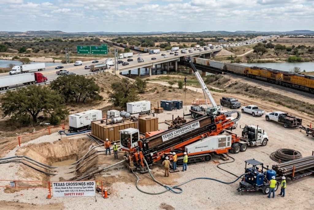 Large-scale Oklahoma highway and railroad HDD crossing operation with directional boring equipment and crew