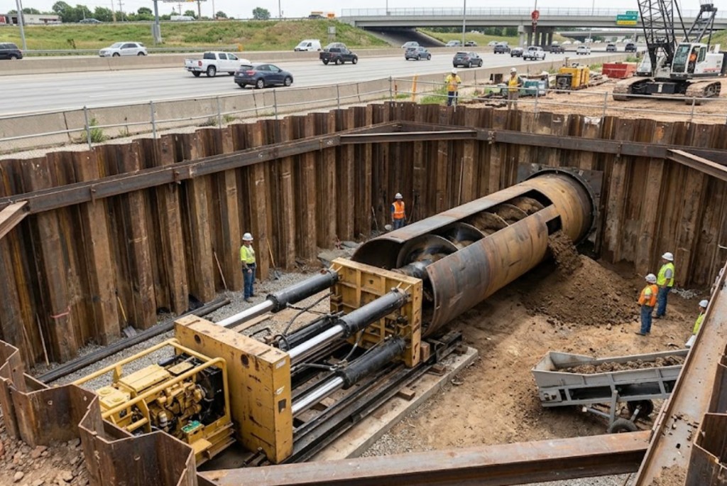 Horizontal auger boring machine installing steel casing in sheet pile shored pit beneath Oklahoma highway