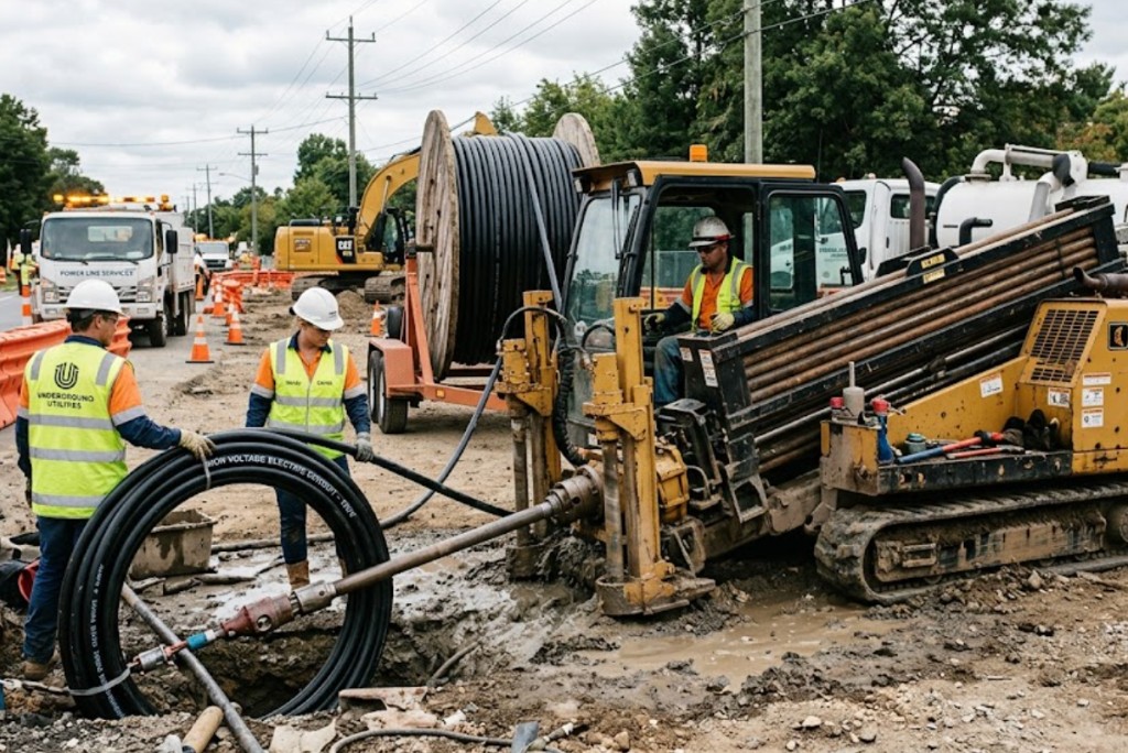 Horizontal directional drilling installing high voltage electric conduit underground at Oklahoma power line project