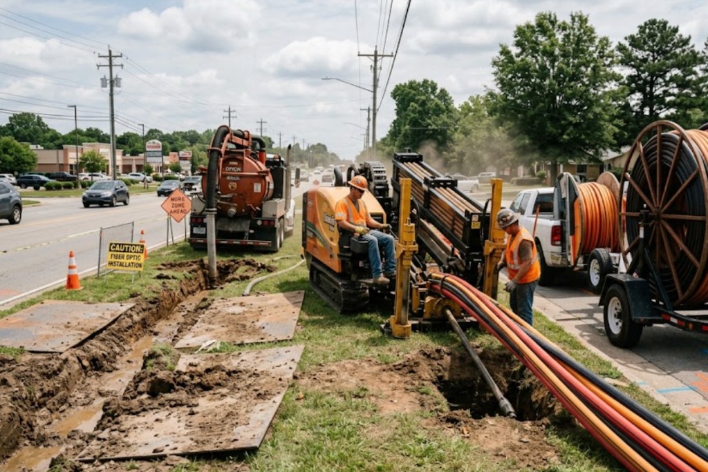 Horizontal directional drilling crew installing underground fiber optic conduit along Oklahoma commercial corridor