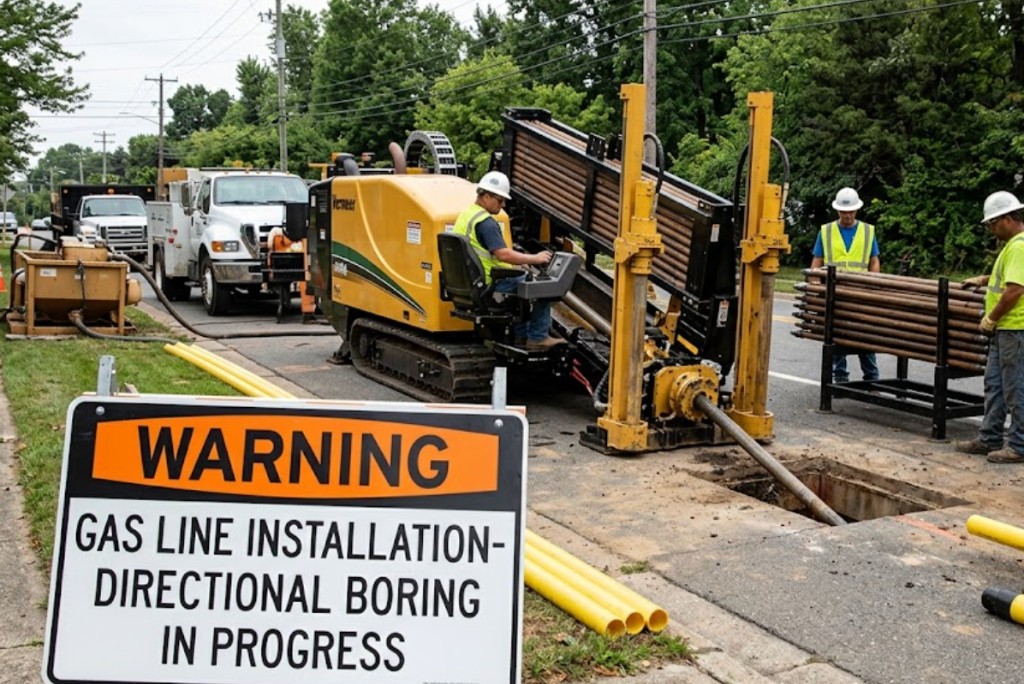 Directional boring gas line installation in progress on residential street with Vermeer HDD equipment Oklahoma