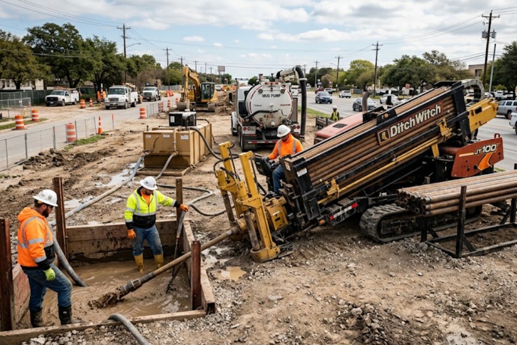 Ditch Witch horizontal directional drill rig and mud pump truck on active HDD utility construction site in Oklahoma