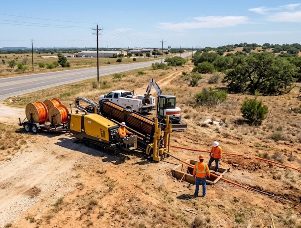 directional drilling crew installing orange HDPE conduit along a Oklahoma roadside with support trucks