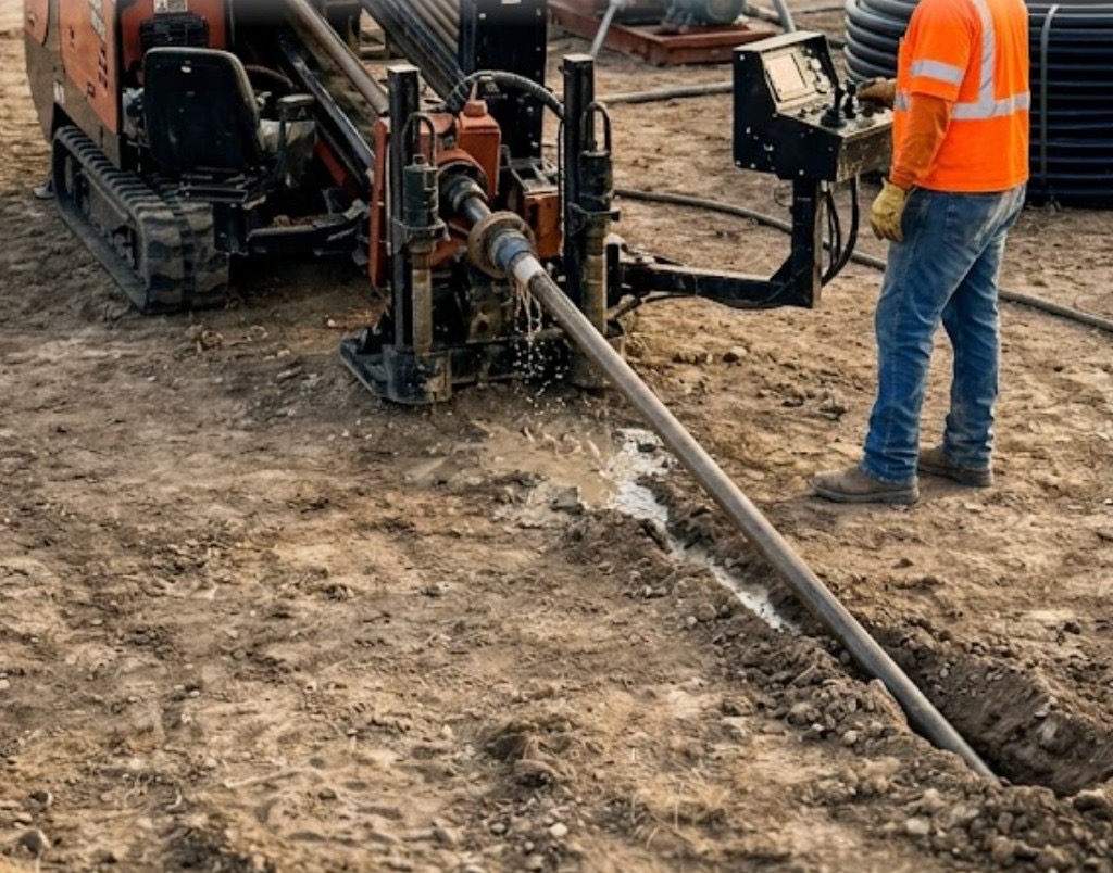close-up of directional boring machine inserting drill pipe into entry pit with drilling fluid