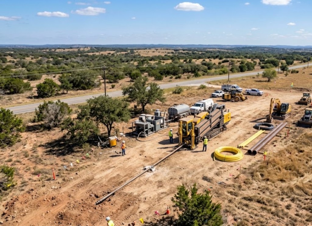 large-scale directional drilling operation with excavators, HDPE pipe, and full crew on Oklahoma job site