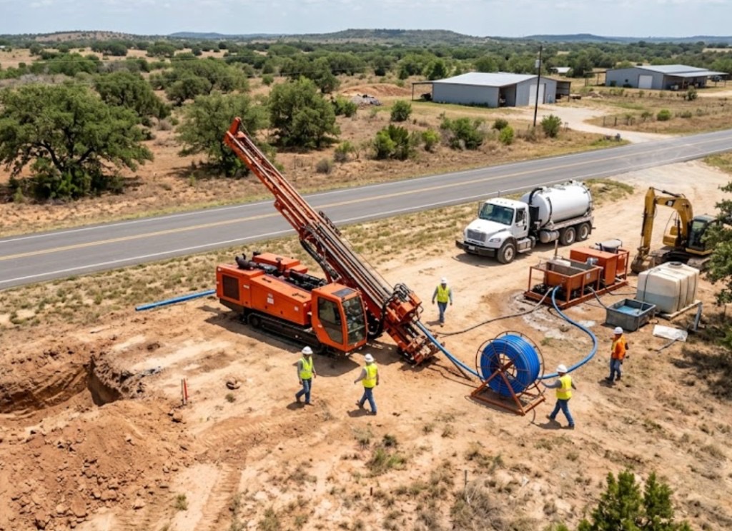 orange directional drilling rig with conduit spool and crew on rural Oklahoma bore site