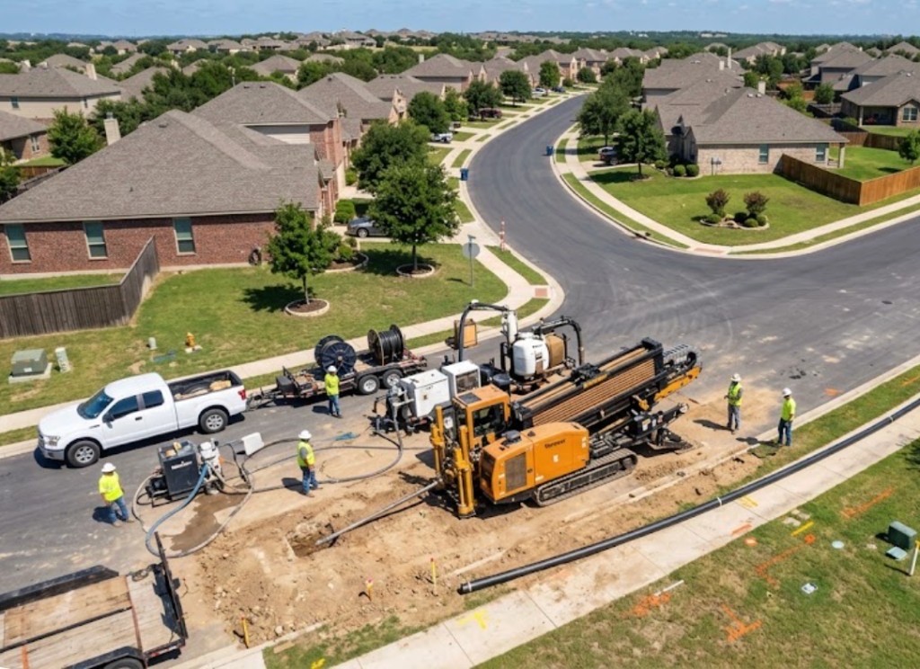 Vermeer directional drill rig installing utilities in a Oklahoma residential neighborhood with minimal surface disruption