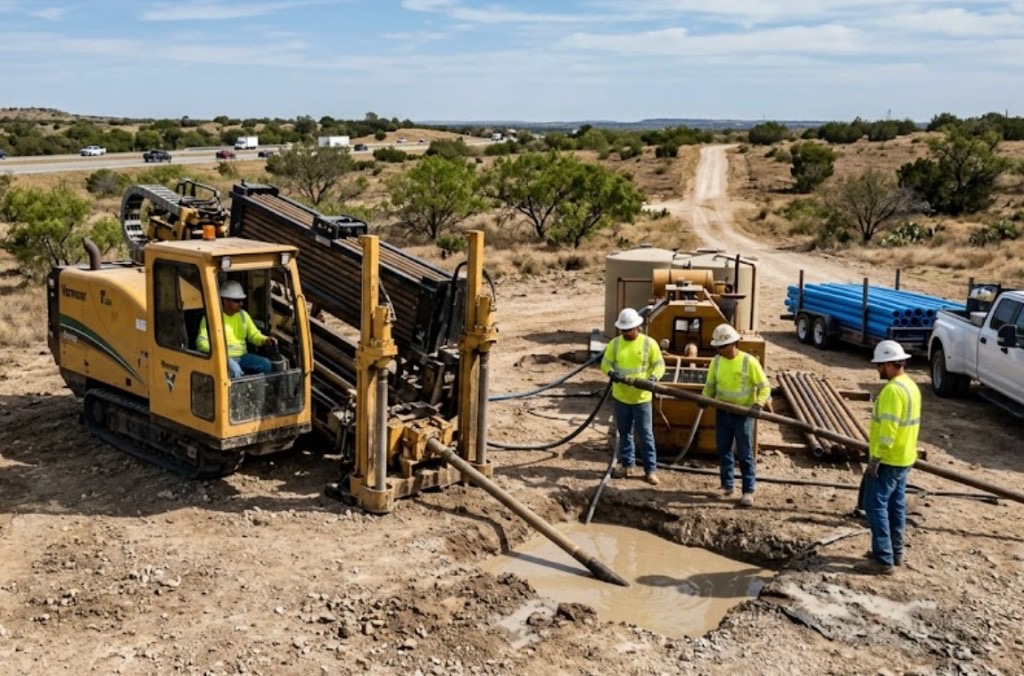 Vermeer directional drill rig and crew installing utilities near a Oklahoma highway corridor