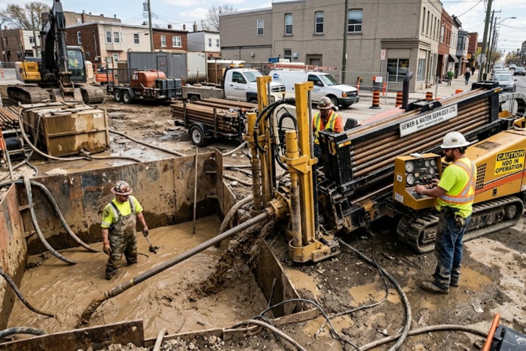 HDD rig performing trenchless sewer and water line installation in urban Oklahoma neighborhood