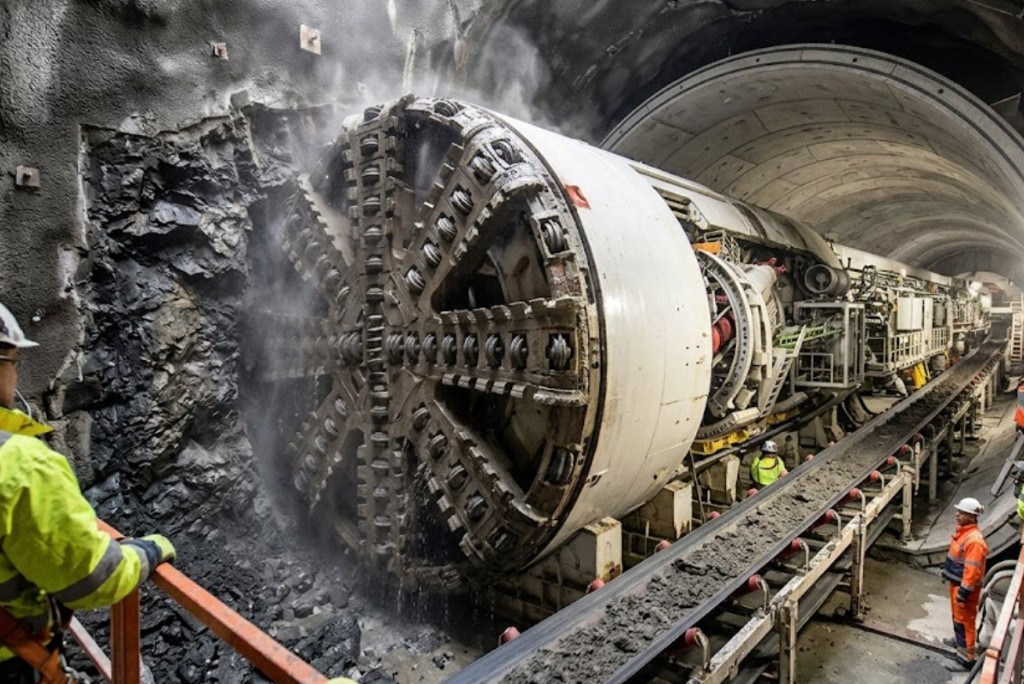 Tunnel boring machine cutting head excavating large diameter utility tunnel with professional crew